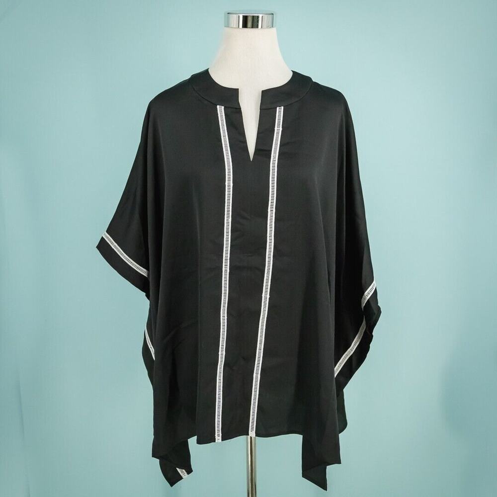 Misook Size Medium M Black Crepe De Chine Short Dolman Sleeve Split V Neck Top